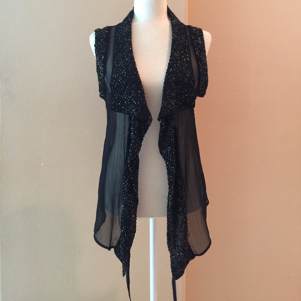 Castle Starr Beaded Black Drape Chiffon Sheer Vest NWOT