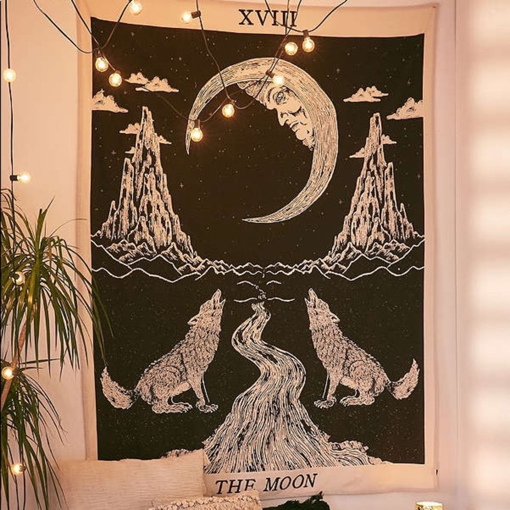 Crying Wolf of the Moon Tapestry (Black and White)