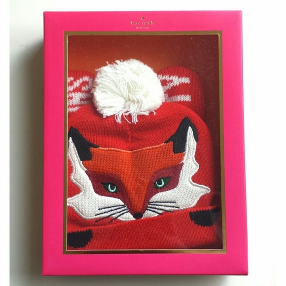 Kate Spade Pretty Sneaky Fox Hat & Mitten Set NIB