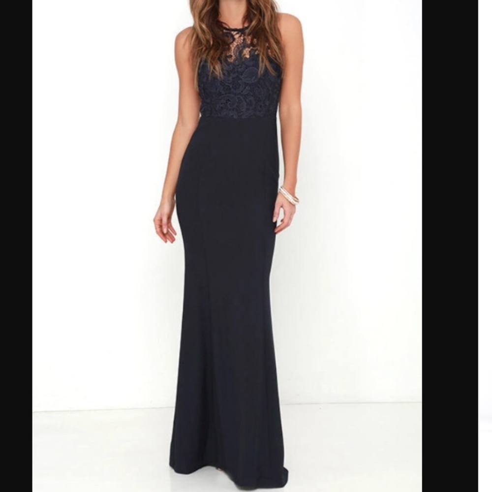 Lulu's Navy Floor Length Formal Gown w/Lace Top