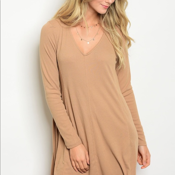 Taupe long sleeve dress  lace up back | - Picture 3 of 5
