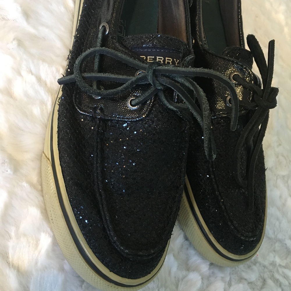 Black sequin Sperry Boat Shoes