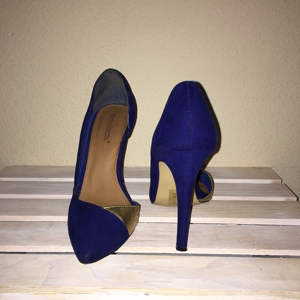 Shoedazzle Blue and Gold Pointed-Toe Pumps Size 8