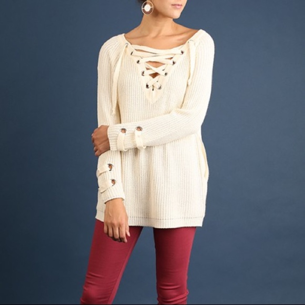 New boutique cream lace up sweater - Umgee brand