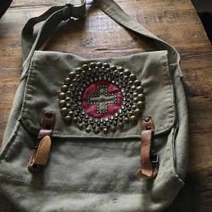 Army green soft Handbag with Swarovski crystal