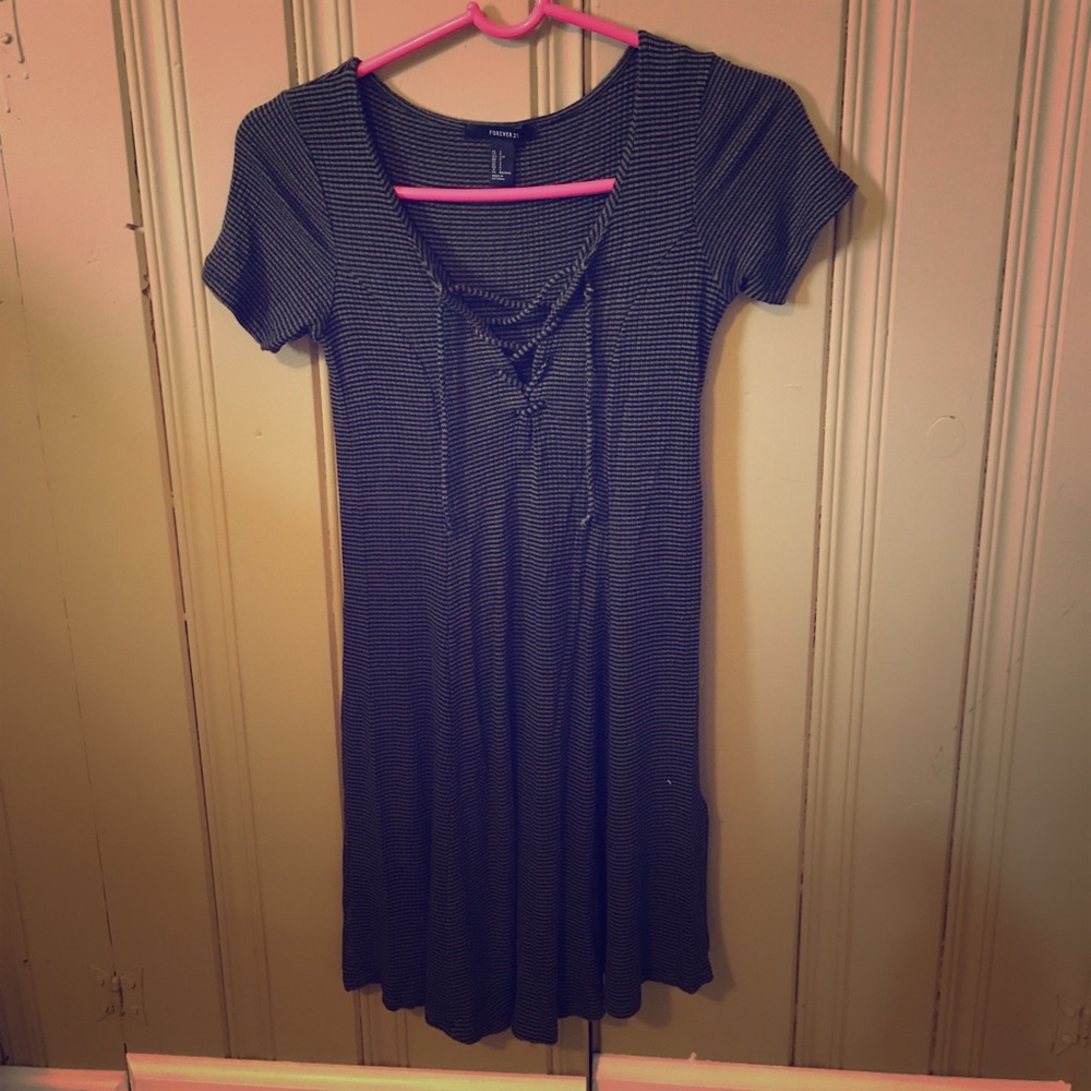 Olive and Black Thin Striped Lace Up Dress