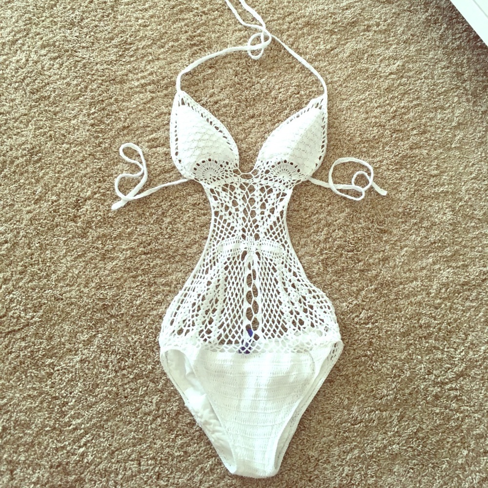 Beauty and the Beach one piece white crochet swim
