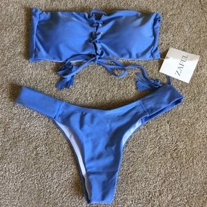 Blue strapless swimsuit