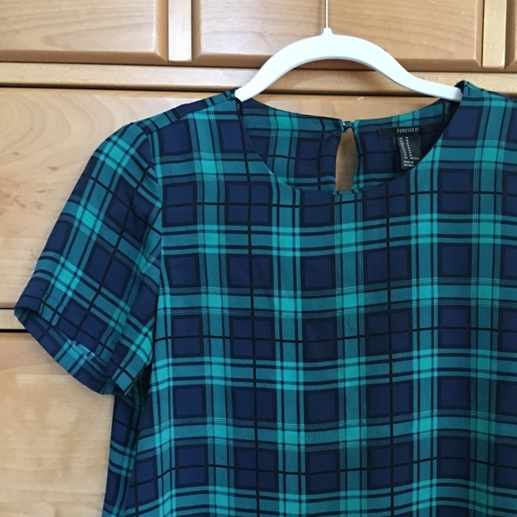 blue and green plaid chiffon top - Picture 1 of 1