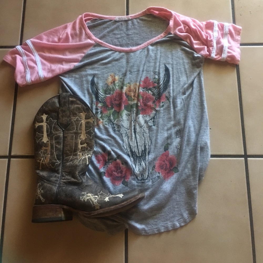 😍 BUY ONE GET ONE Top Girl LA Cow Skull Tee shirt