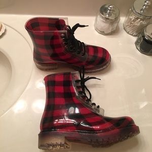 Red plaid rain boots