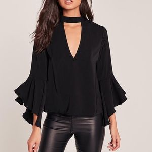 Black choker neck flare sleeve blouse
