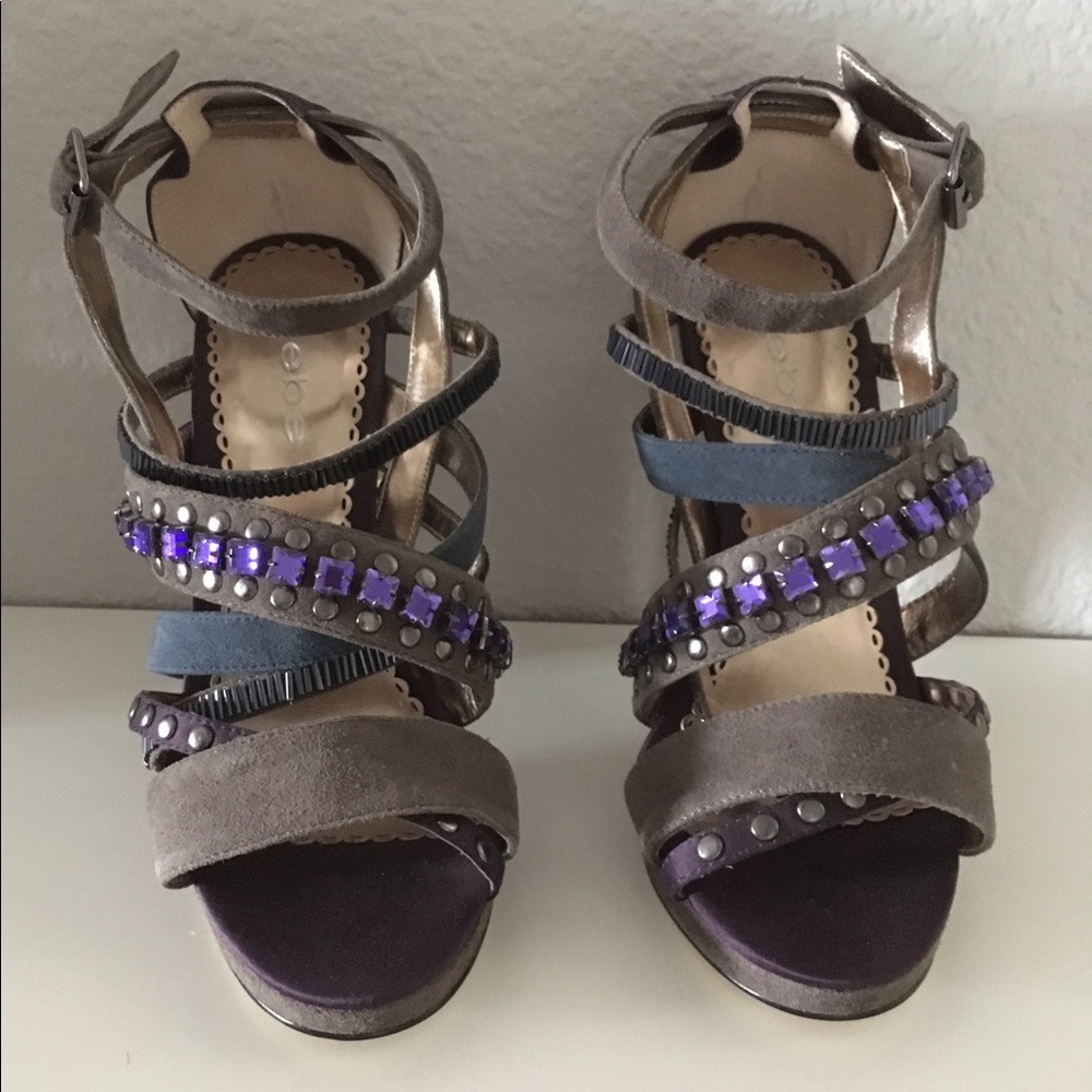 $160 NEW Bebe Crystal Studded Beaded Purple Grey Dress High Heels Shoes 7