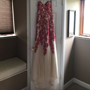 Gorgeous lace red+cream long formal dress