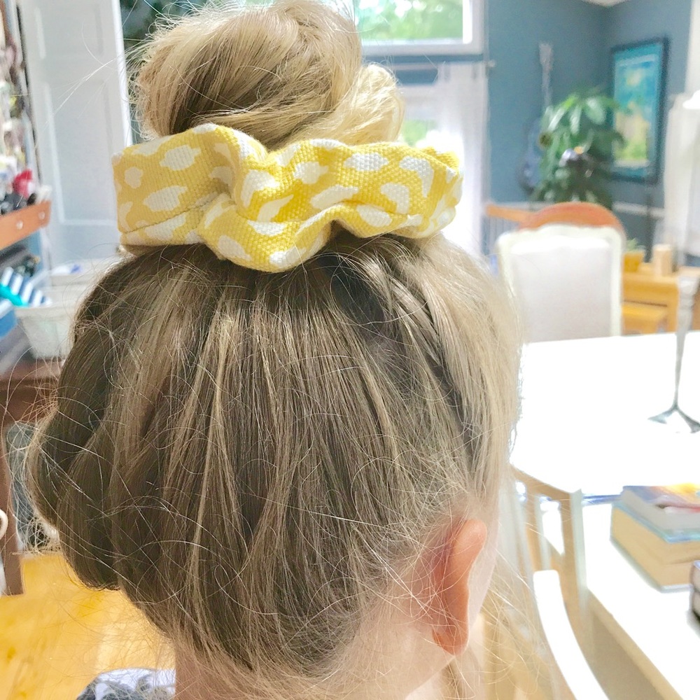 Handmade, yellow, patterned scrunchie