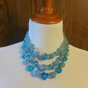 Vintage 3 Strand Blue Beaded Necklace