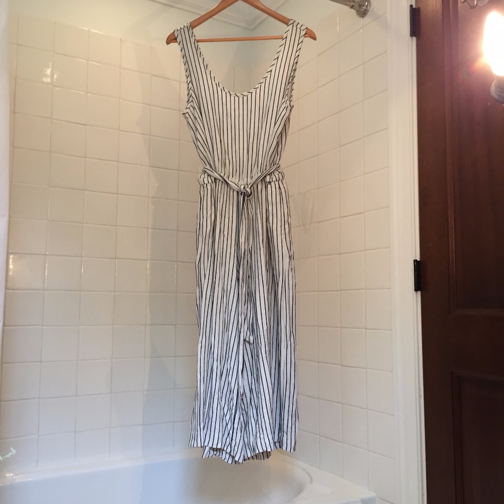 GAP White and Black Stripe Linen Jumpsuit