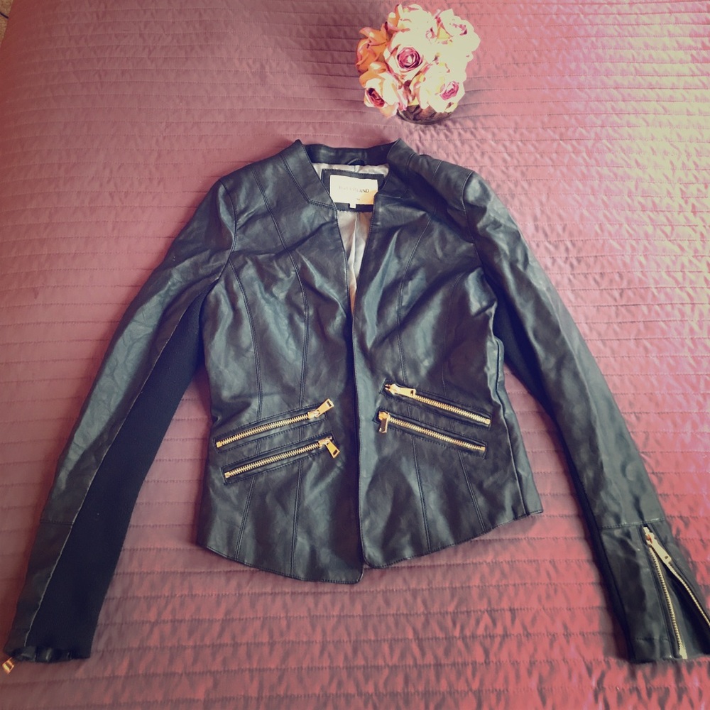 Faux leather blazer-style jacket w/gold highlights