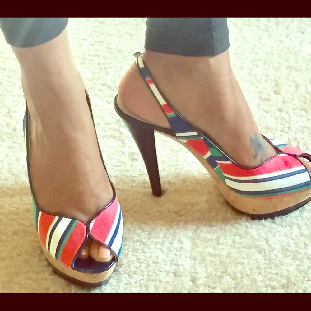 Blue, White and Coral Nine West Platform Heels!
