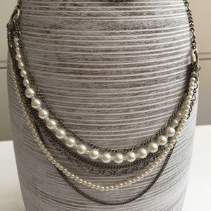 Long multi-strand pearl metal chain necklace