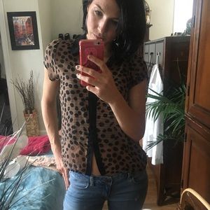 Sheer brown polka dot button up shirt