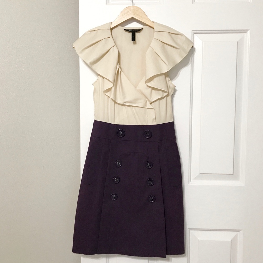 BCBGMAXAZRIA BCBG 0 white purple ruffle dress work