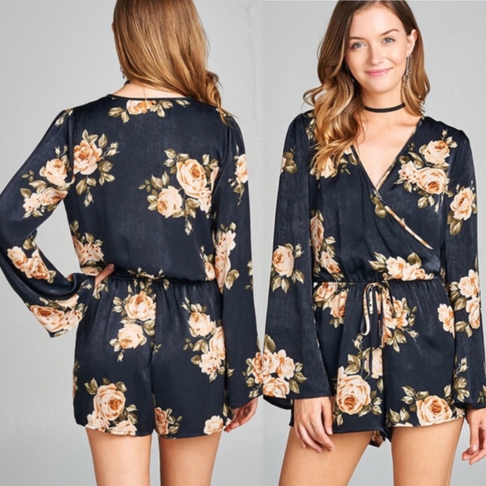 MEDIUM Navy Floral Print Satin Romper - Picture 2 of 4