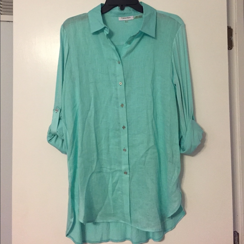 NWOT Calvin Klein sea green button-down