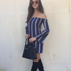 Striped Off The Shoulder Bell Sleeve Black Dress