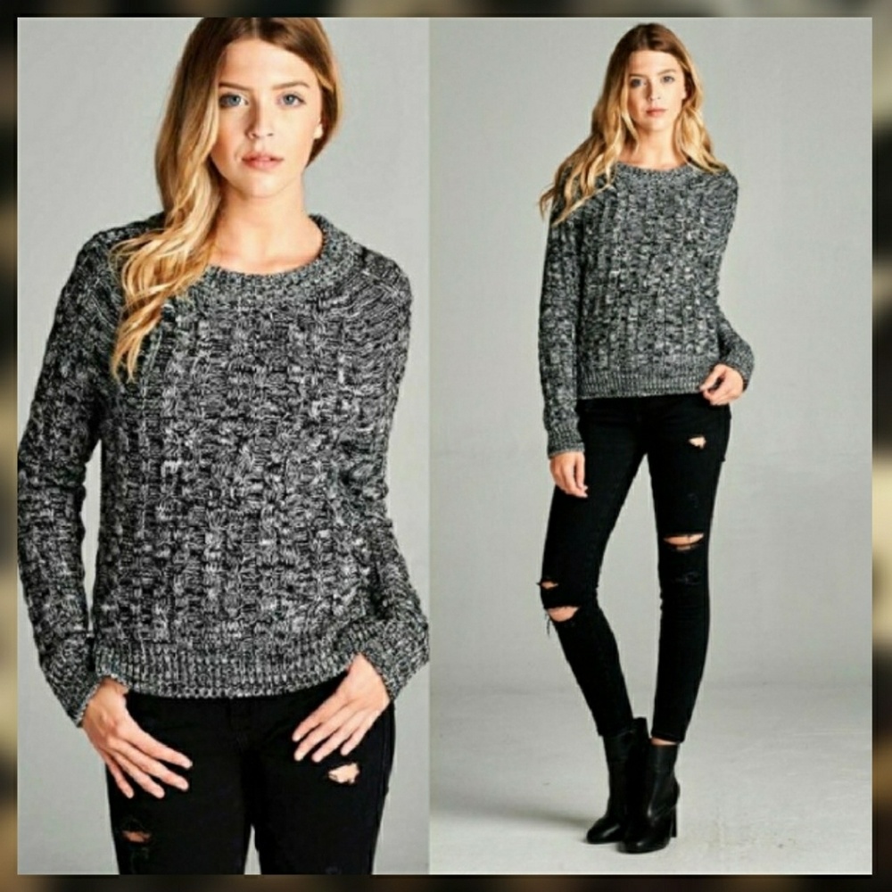 Black and White Marbled Cable Knit Sweater