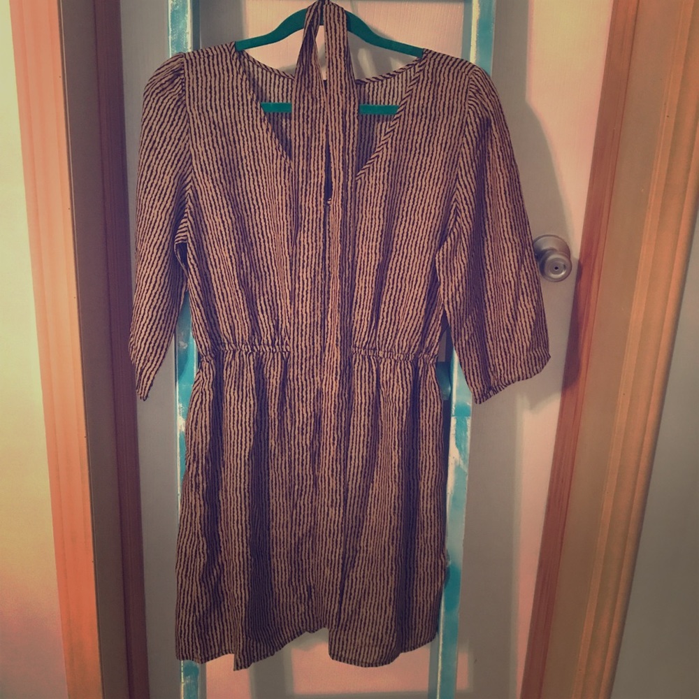 Camel colored dress with black stripes and belt