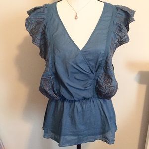 Teal V-Neckline Ruffled Blouse