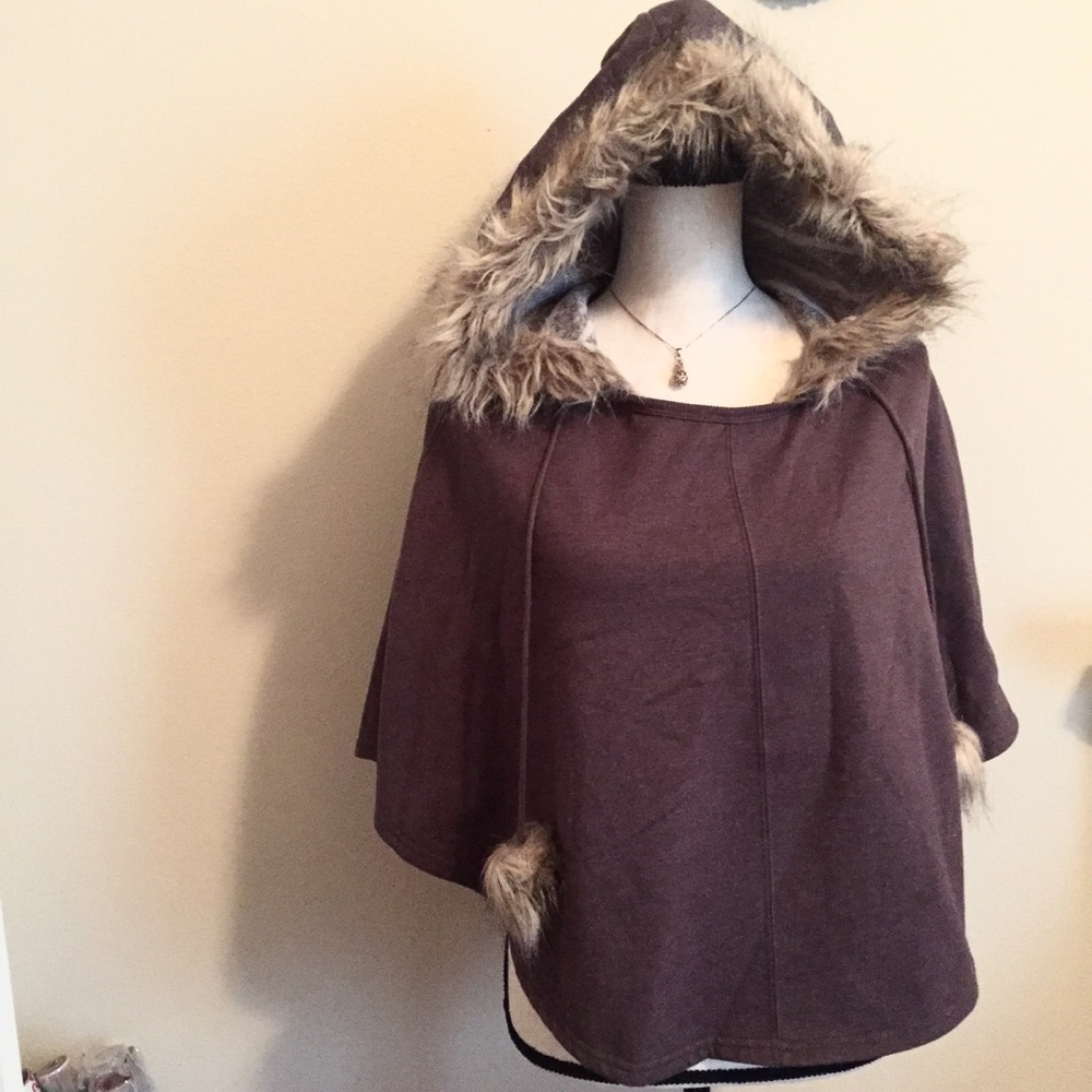 Faux Fur-lined Hooded Poncho with Poms