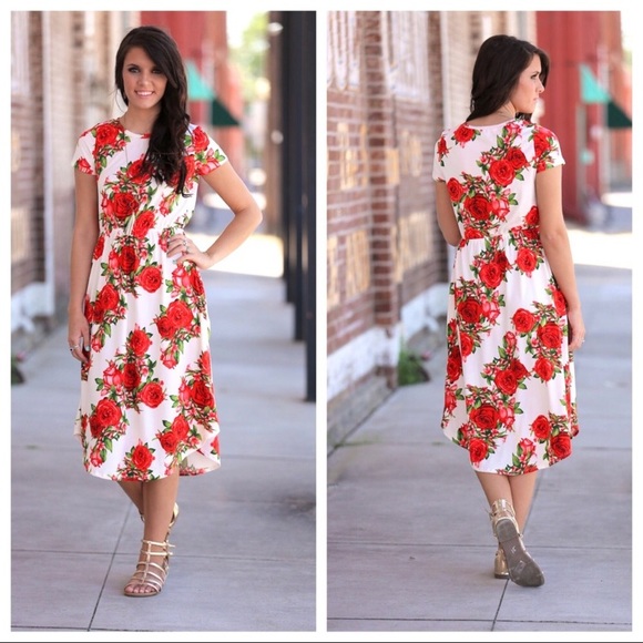 Red and Ivory Floral Midi Dress - 1 SMALL LEFT! - Picture 3 of 5