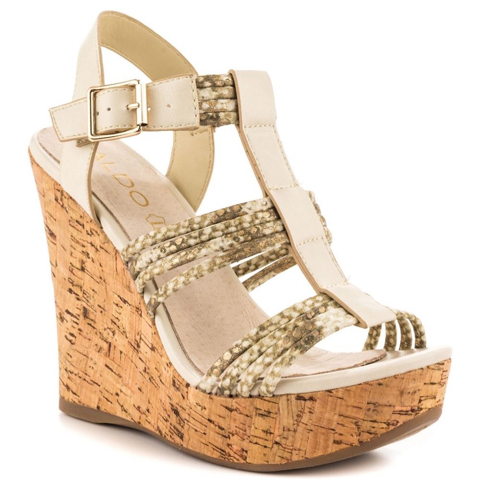 BNIB BONE OFF WHITE GOLD STRAPPY ALDO WEDGE Sz 10