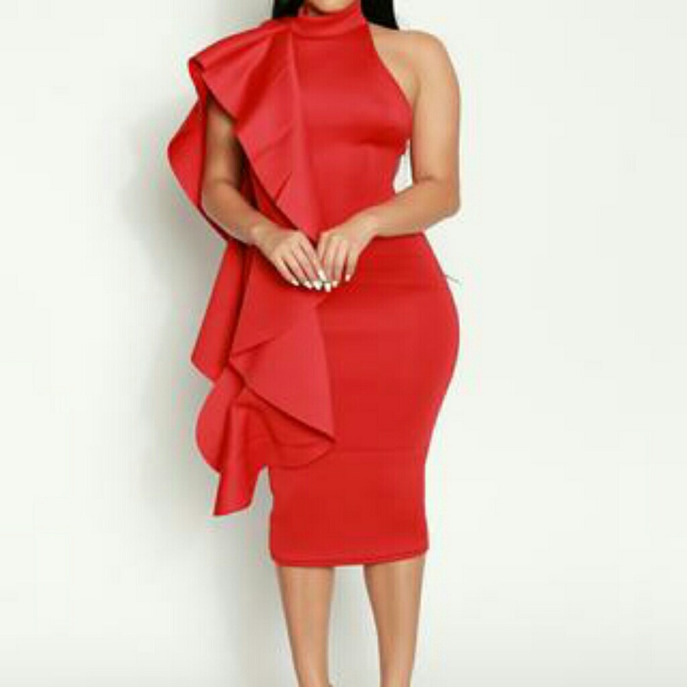 !!SOLD!! Red Side Ruffle Halter Neck Dress