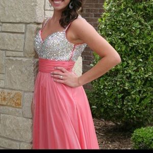 coral, sequined top prom dress!
