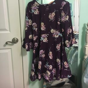 Line and Dot Floral Dress-Eggplant
