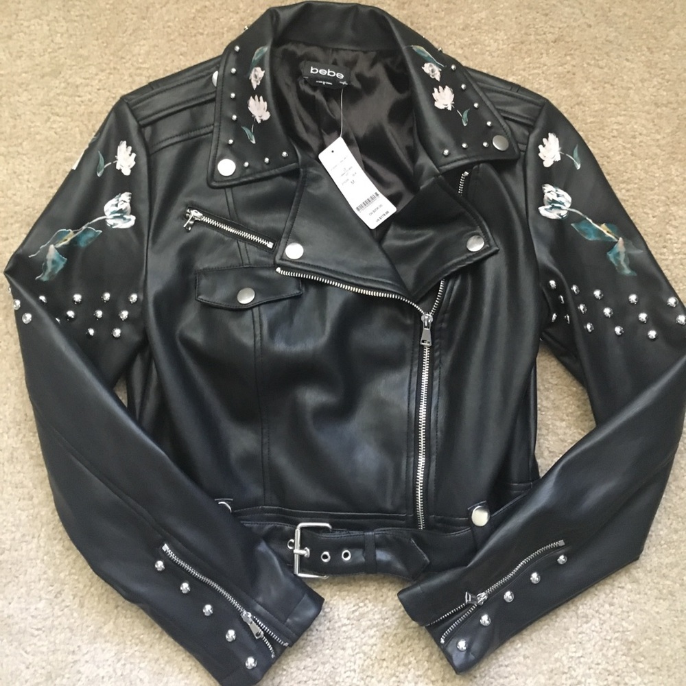 bebe studded floral moto jacket