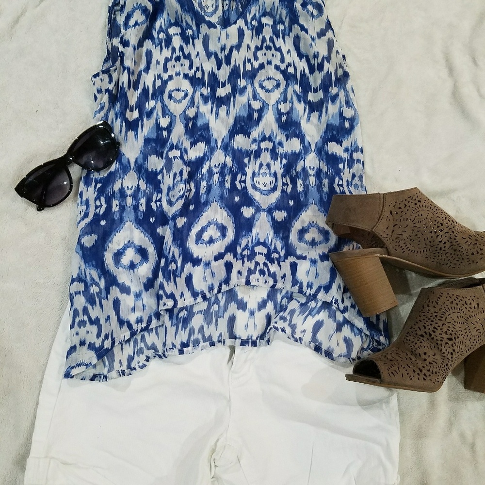 Blue and white tribal high low tank top