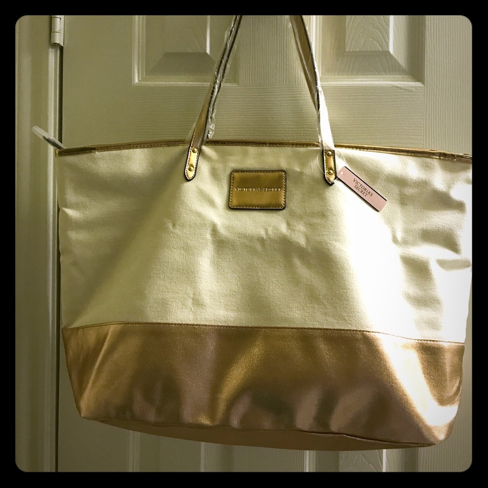 Victoria's Secret cream and rose gold tote