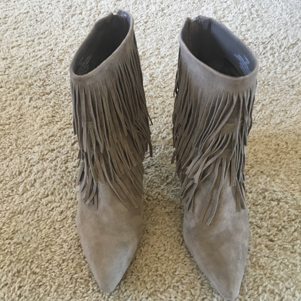 Grey suede fringe booties