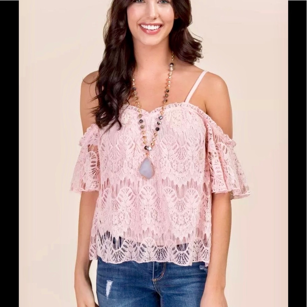 Pink lace cold shoulder blouse