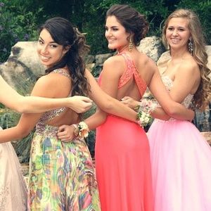 One-Shoulder Coral Gown with Gold Beading