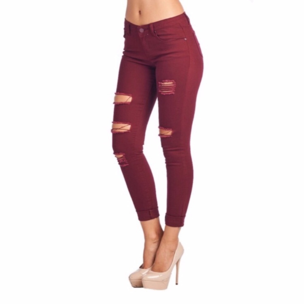 Maroon Distressed Skinny Denim sizes 1, 5, 11! - Picture 1 of 8
