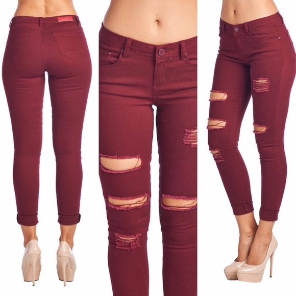 Maroon Distressed Skinny Denim sizes 1, 5, 11! - Picture 2 of 8