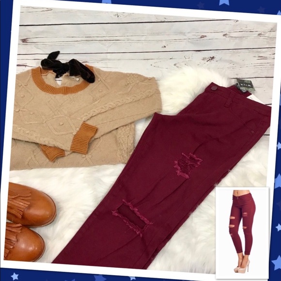 Maroon Distressed Skinny Denim sizes 1, 5, 11! - Picture 3 of 8