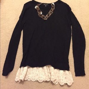 AB Studio Black Sweater Lace Bottom Sz L