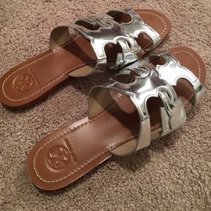 Tory Burch flat slide metallic anchor sandals