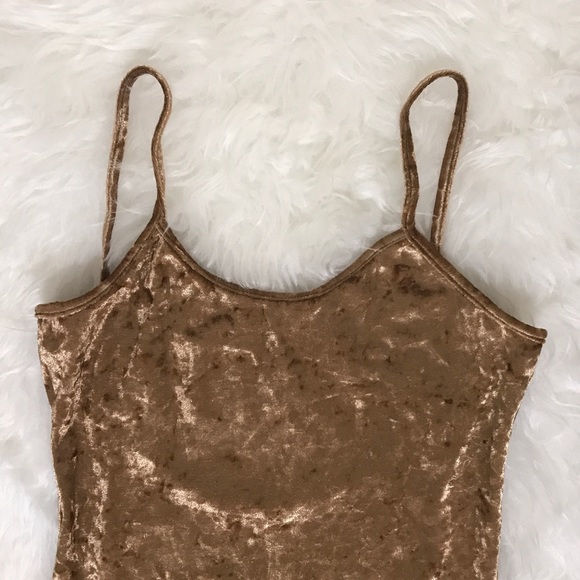 Light Tan Scooped Low Back Crushed Velvet Bodysuit - Picture 2 of 5